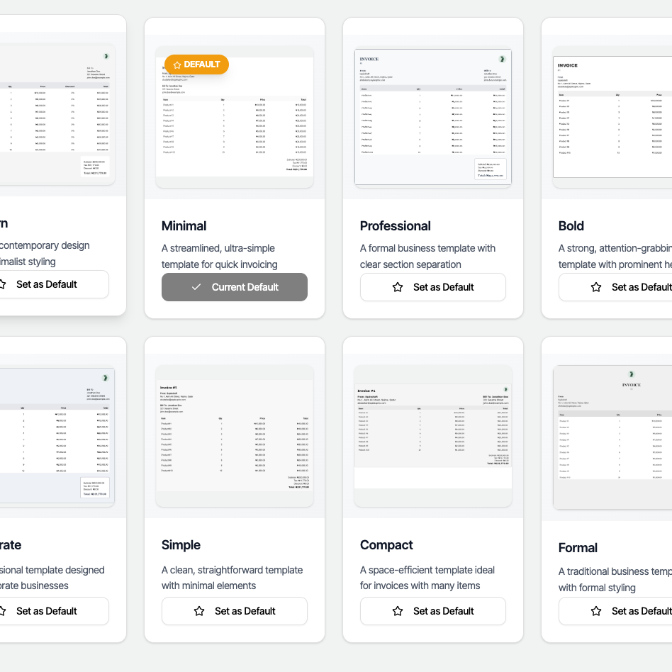 Professional invoice templates gallery showing various design options for business invoicing