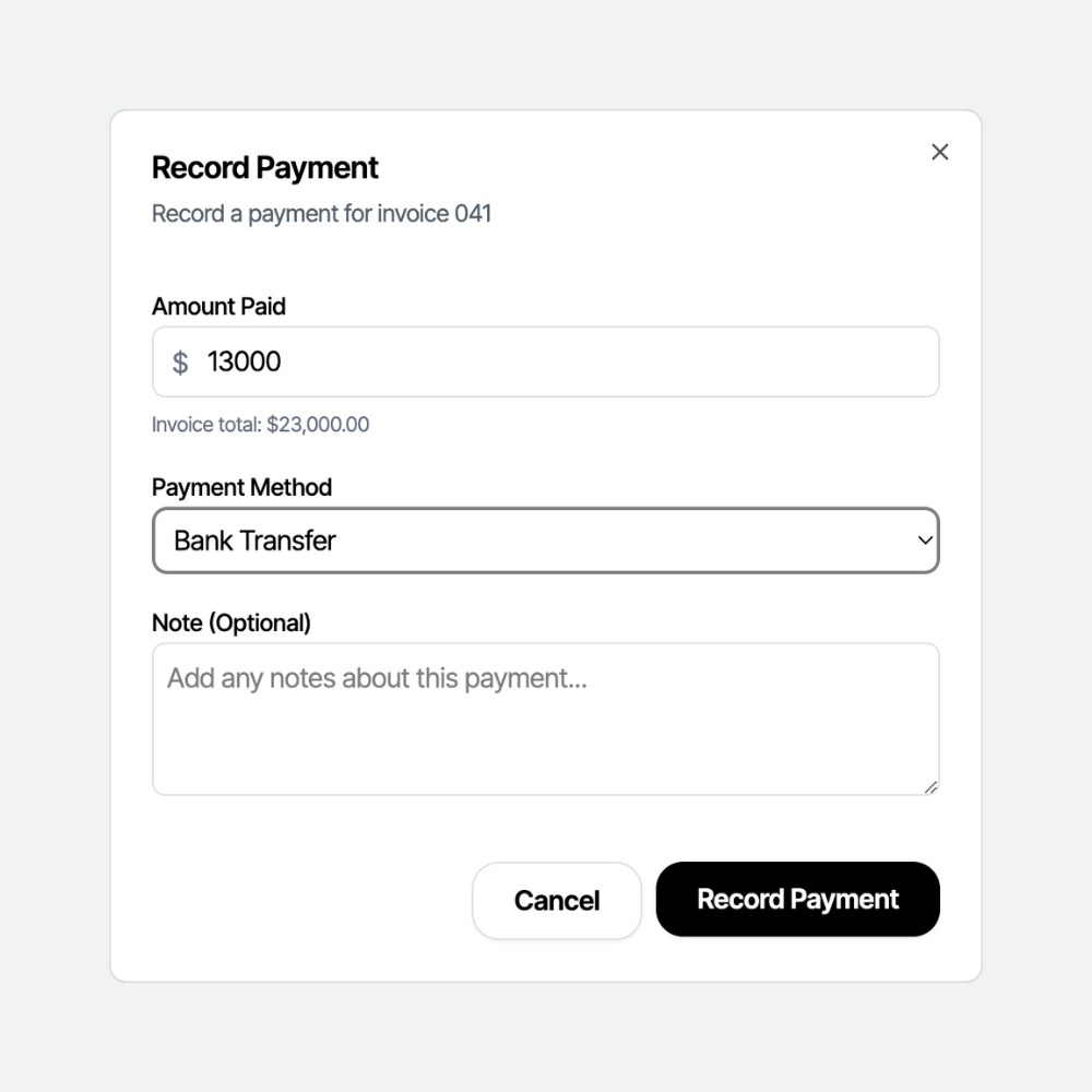 Payment tracking and receipt generation interface showing how to record payments and generate receipts