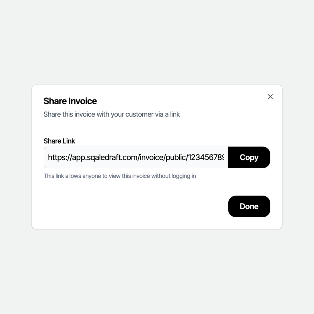 Invoice sharing options showing how to send invoices via email, WhatsApp, and download as images